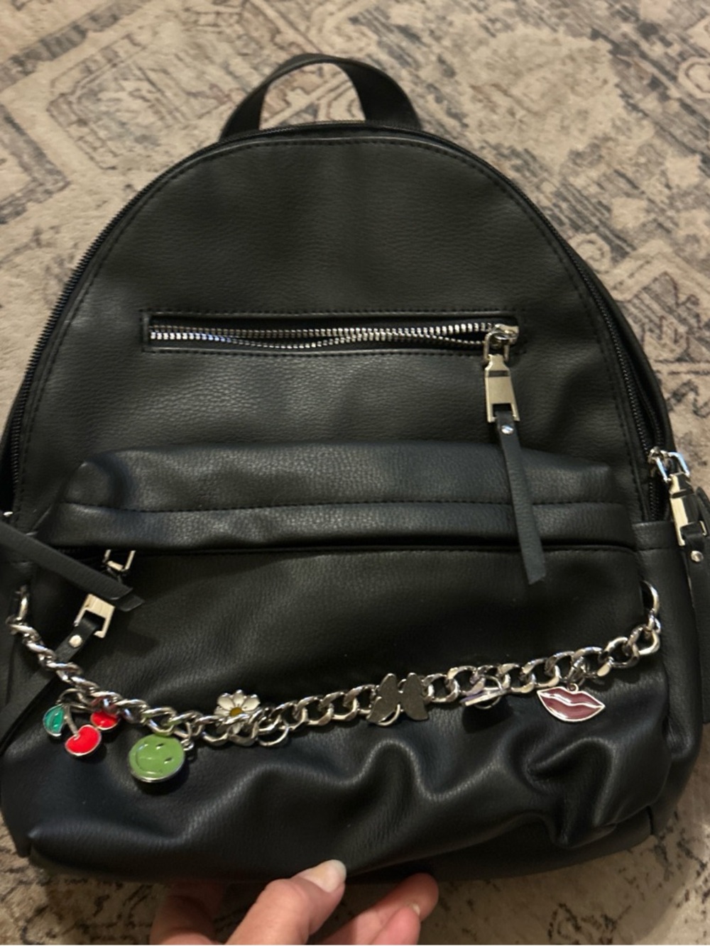 Black Faux Leather Women’s Backpack with Silver Charm Chain